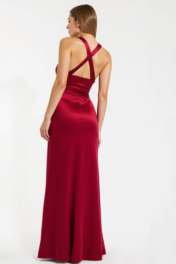 Robe longue de vacances fourreau à col en V bordeaux avec fente